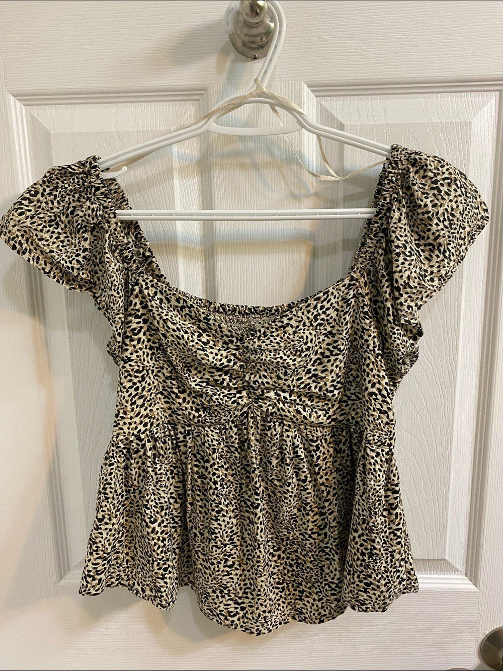 Japna Leopard Print Cropped Bustier Top Size Medium Flutter Sleeve Ruched Back